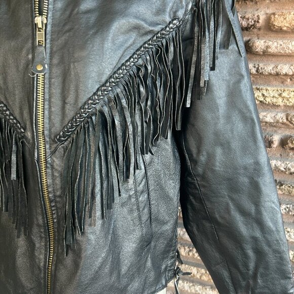 Vintage USA Bikers Dream Apparel Black Leather Biker Moto Jacket With Fringe - Picture 10 of 12